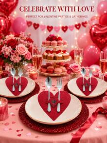 6pcs Valentines Day Heart Cutlery Holder Red Flatware Pocket Romantic Table Setting Organizer For Dinner Dates Weddings Parties Cutlery Not Included - Red Heart-shaped Knife and Fork Set - View 7