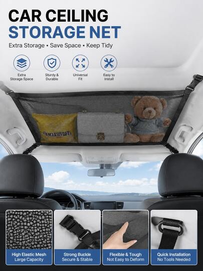1 pieza Bolsillo de malla de almacenamiento para techo de coche, bolsa colgante elástica, bolsa organizadora de interior de coche, bolsa de almacenamiento de suministros de viaje