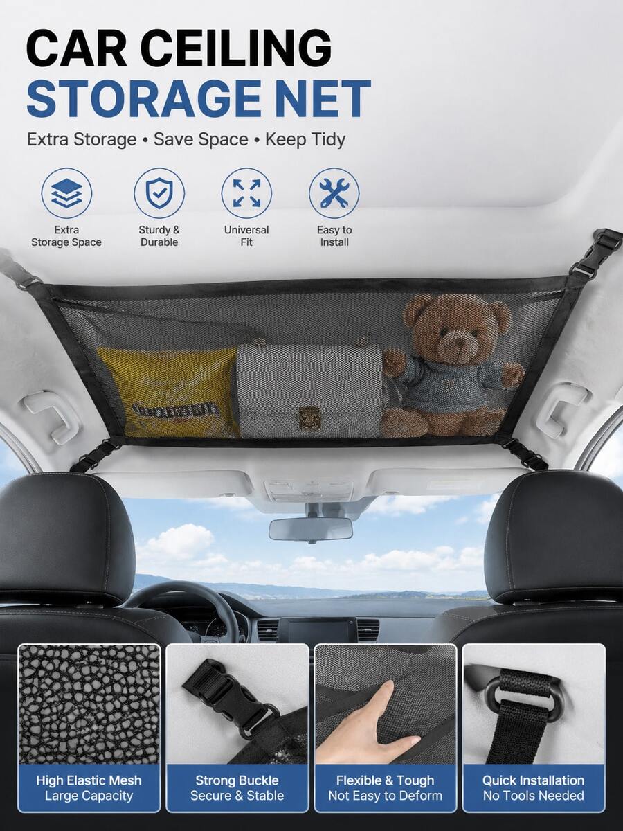 1pc Car Roof Storage Mesh Pocket, Elastic Hanging Bag, Car Interior Organizer Bag, Travel Supplies Storage Bag - A - View 1