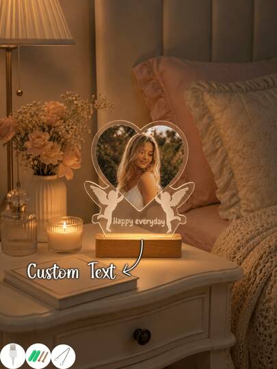 Personalized Photo Acrylic Night Light, Custom Heart Angel Picture LED Lamp With Wood Base, Romantic Anniversary Valentine Gift For Her