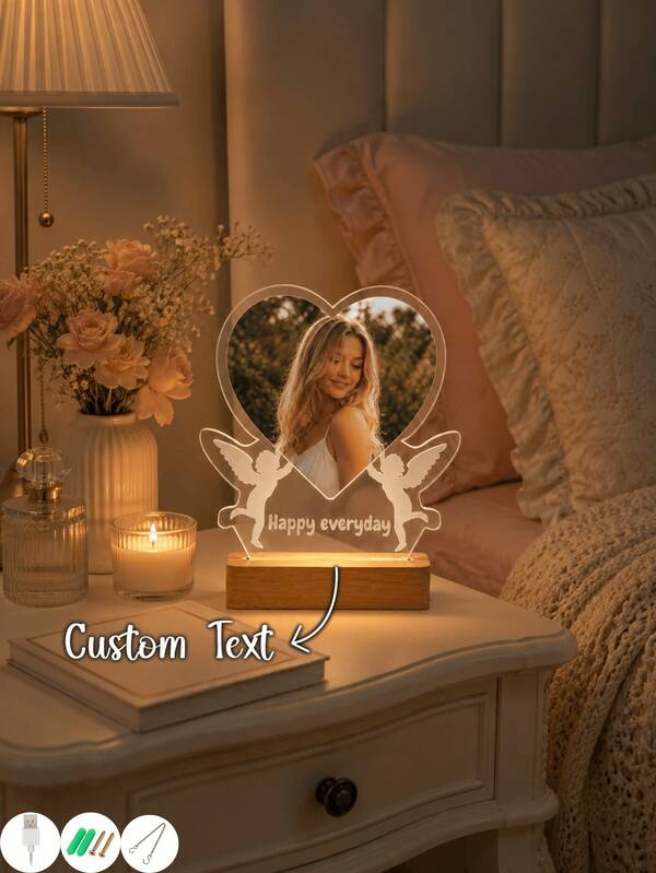 Personalized Photo Acrylic Night Light, Custom Heart Angel Picture LED Lamp With Wood Base, Romantic Anniversary Valentine Gift For Her