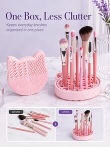 2-In-1 Silicone Makeup Brush Cleaning Mat With Brush Drying Rack, Portable Cat-Shaped Makeup Brush Cleaning Pad, Manual Makeup Brush Cleaner - Multicolor - View 5
