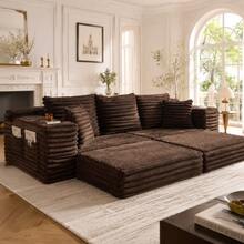 Cord Fabric Compression Sofa With High Backrest, Extra Cushion, Dual Side Pockets, And Cup Holders - 咖啡棕 - 查看 6