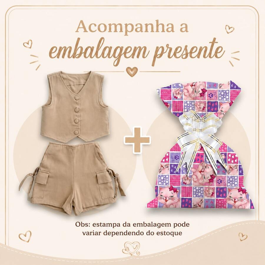 Conjunto Alfaiataria Infantil Menina Shorts e Colete Moda Infantil Dia das Crianças com Embalagem para Presente