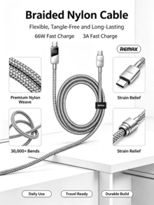 REMAX Kabel data Type-C dengan tampilan digital dan pengisian cepat 66W/3A, bodi kabel jalinan paduan seng, tampilan daya pengisian secara real-time, tahan lama dan tidak mudah kusut, kompatibel dengan kabel pengisian universal untuk ponsel, tablet, dan laptop. - Perak - View 7