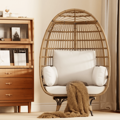 Oversized Swivel Egg Chair, Weather Resistant Indoor Outdoor Wicker Lounge Reading Chair with Beige Thick Cushion and Steel Frame Stand for Patio, Balcony, Backyard, Living Room