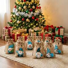 1/12/24pcs Christmas Burlap Drawstring Gift Bags, Christmas Gnome Linen Packaging Bags With 12 Random Cartoon Pattern Designs, Reusable Christmas Linen Bags, Small Christmas Gift Bags For Holiday Party Supplies - Multicolor - View 3