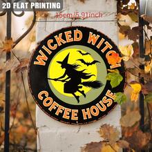 Plano 2D, Plano 2D, Placa Redonda de Madeira Vintage de Café de Bruxa Malvada, Decoração de Bruxaria de Halloween, Arte de Parede Estilo: Casa, Cozinha, Presente de Halloween, Entrada, Decoração de Quarto - Multicolorido - Visão 5