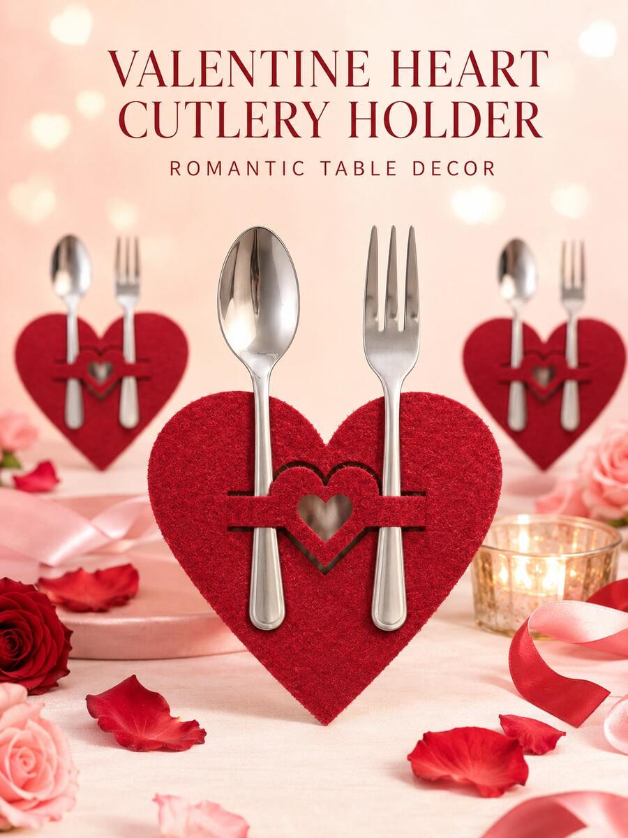 6pcs Valentines Day Heart Cutlery Holder Red Flatware Pocket Romantic Table Setting Organizer For Dinner Dates Weddings Parties Cutlery Not Included - Red Heart-shaped Knife and Fork Set - View 1