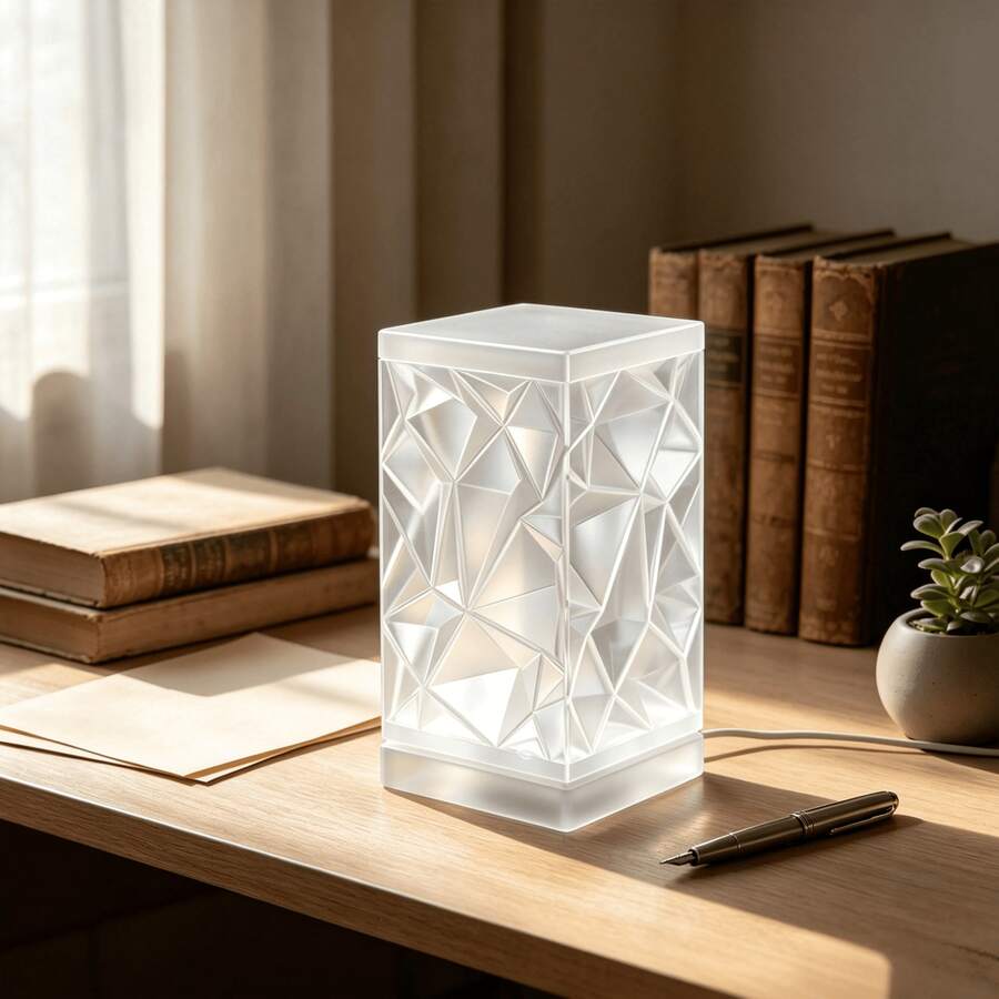 3D Asymmetrical Triangle Rhombus Pattern Semi-Transparent Atmosphere Table Lamp Shade (Lamp Not Included), Multi-Faceted Crystal Texture Shell, Geometric Light Projection Lampshade, Soft Diffused Light Flicker-Free Eye-Protection Lampshade, Vertical Square Compact Design Space-Saving