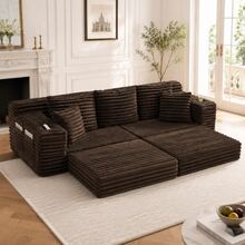 Cord Fabric Compression Sofa With High Backrest, Extra Cushion, Dual Side Pockets, And Cup Holders - 咖啡棕 - 查看 4