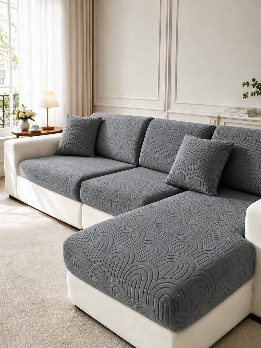 1件純色加厚提花沙發座墊套,簡約現代防滑彈性四季通用居家裝飾沙發套 - 深灰色 - 查看 1