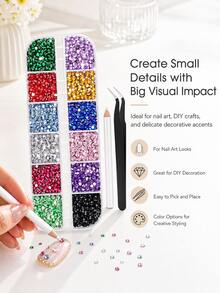 12 Colors Resin Rhinestones, With Pickup Pen And Tweezers, Multiple Sizes, AB Flat Back Round Rhinestones, 3D Colorful Gems, Suitable For Jewelry, Shoes, Clothing, Phone Case DIY - Multicolor - View 4