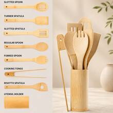 8 piezas/1 pieza Juego de utensilios de cocina de bambú con cubo de almacenamiento para cubiertos y pinzas para alimentos - Albaricoque - Ver 1