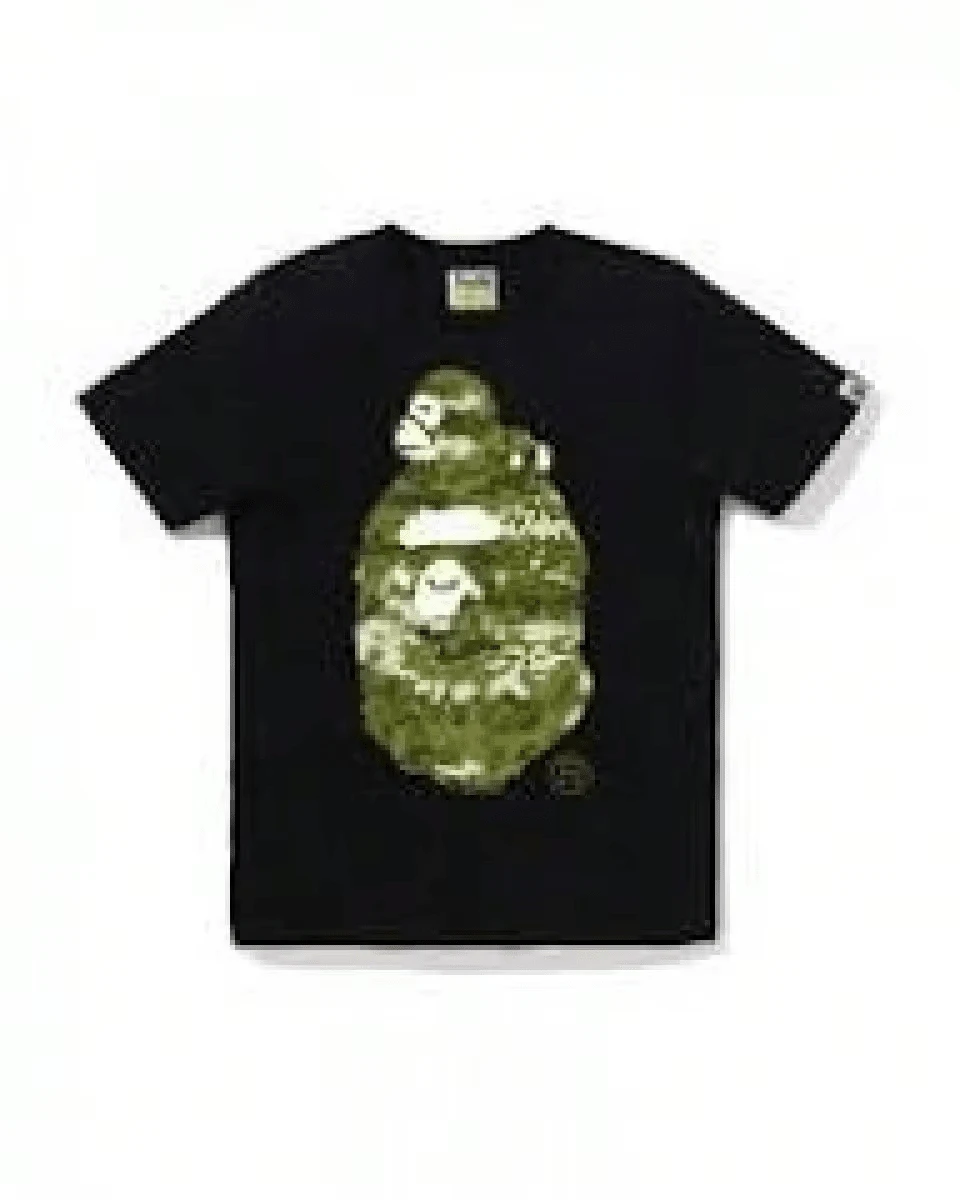 omar courtz Camiseta de manga corta de streetwear moderna en negro, con gran estampado de cabeza de mono camuflaje verde, camiseta oversize casual para el tiempo libre y excursiones - Negro - Ver 1