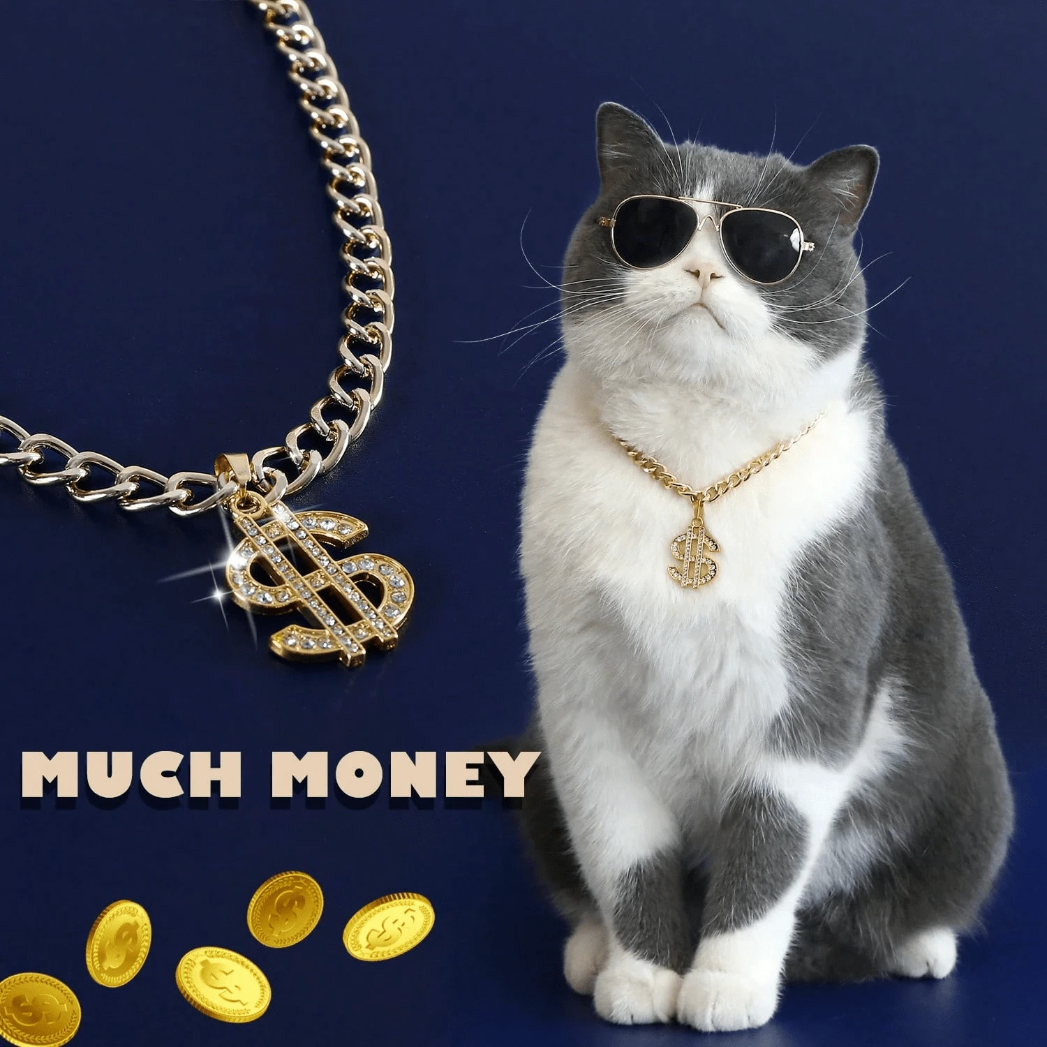 PETCHIC 1件裝美金符號吊墜寵物飾品,鑲鑽貓狗項鍊配金屬鏈條裝飾,時尚金色鏈條項圈,適合狗與貓 - 金色 - 查看 1