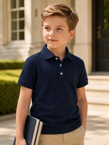 Young Boy Classic Navy Blue Solid Color Short Sleeve Polo Shirt, Suitable For Daily Wear, Outings, Gatherings, Performances And Activities - Navy Blue - View 2