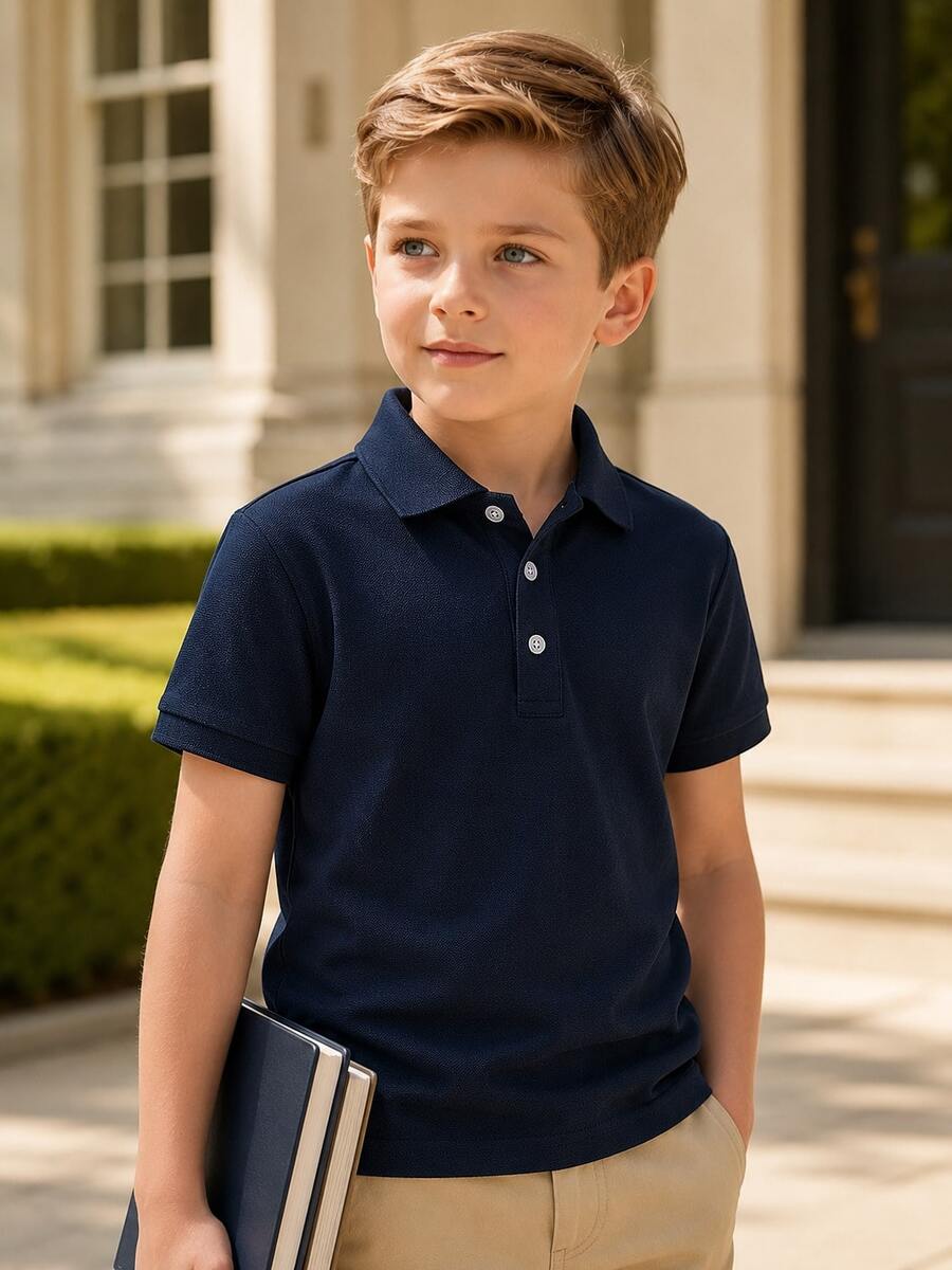 Kemeja Polo Lengan Pendek Warna Biru Tua Klasik untuk Anak Laki-Laki, Cocok untuk Pemakaian Sehari-hari, Jalan-jalan, Pertemuan, Pertunjukan, dan Aktivitas. - Navy Blue - View 1