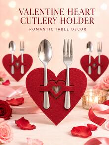6pcs Valentines Day Heart Cutlery Holder Red Flatware Pocket Romantic Table Setting Organizer For Dinner Dates Weddings Parties Cutlery Not Included - Red Heart-shaped Knife and Fork Set - View 2