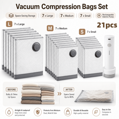 21 PIEZAS Bolsas de Compresión de Vacío para Viajes, Con Bomba de Aire Recargable, Bolsas Ahorradoras de Espacio de Tamaño de Equipaje de Mano para Maletas y Maletas (21 PIEZAS Con Bomba de Aire)