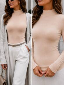 Women's Ultra-Thin Warm High Neck Long Sleeve Base Layer, Second Skin Soft Elastic Lightweight, Autumn/Winter Warm Inner Layer Top - Apricot - View 9