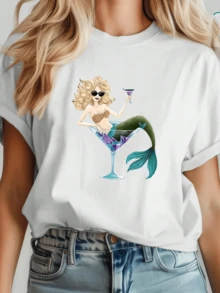 Retro Cartoon Blonde Mermaid Cocktail Women Short Sleeve Tee Top Estivi - 白色 - 查看 1