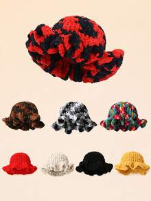 1pc Women's Handmade Knitted Solid Color Ruched Bucket Hat, Exaggerated Design, Fashionable Winter Knitted Hat - A - View 2
