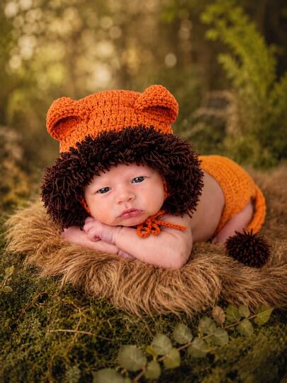Newborn Photography Props, 2pcs Knitted Lion Set Including Hat And Diaper Pants, Cute Animal Theme Style, Baby Shower Gift, Milestone Commemoration, Photography Studio Props