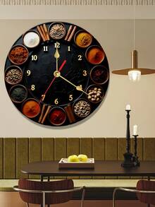 1pc 10/12 Inch Silent Round Wooden Clock With Various Spices And Seasonings, Quartz Movement, Multi-Color With Gold Accents, Battery Operated (AA Batteries Not Included), Suitable For Bedroom, Kitchen, Study, Garage, Christmas Decor, Living Room - Multicolor - View 8
