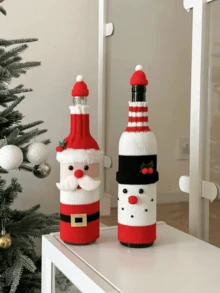 Santa Claus & Snowman Knitted Wine Bottle & Glass Cover Set, Christmas Wine Bottle Decoration Set, Christmas Home Kitchen Dinner New Year Decor - View 10