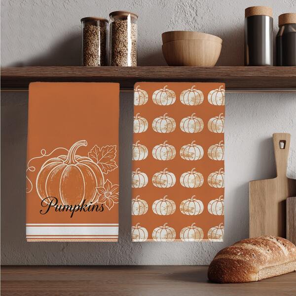 2pcs Minimalist Orange & White Autumn Line Pumpkin Pattern Kitchen Towels, 40*60cm Soft Microfiber Tea Towels, Suitable For Home Kitchen Restaurant Outdoor Camping Tabletop Cleaning Dish Cloth Hand Towel Accessories Pumpkin Text Kitchen Holiday Gift