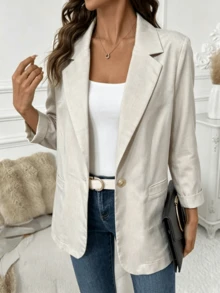 Women Solid Notch Lapel Long Sleeve Blazer - Single Breasted Loose Suit Jacket, For Office, Daily Commute & Casual Occasions, Four Seasons Wear - Apricot - View 7