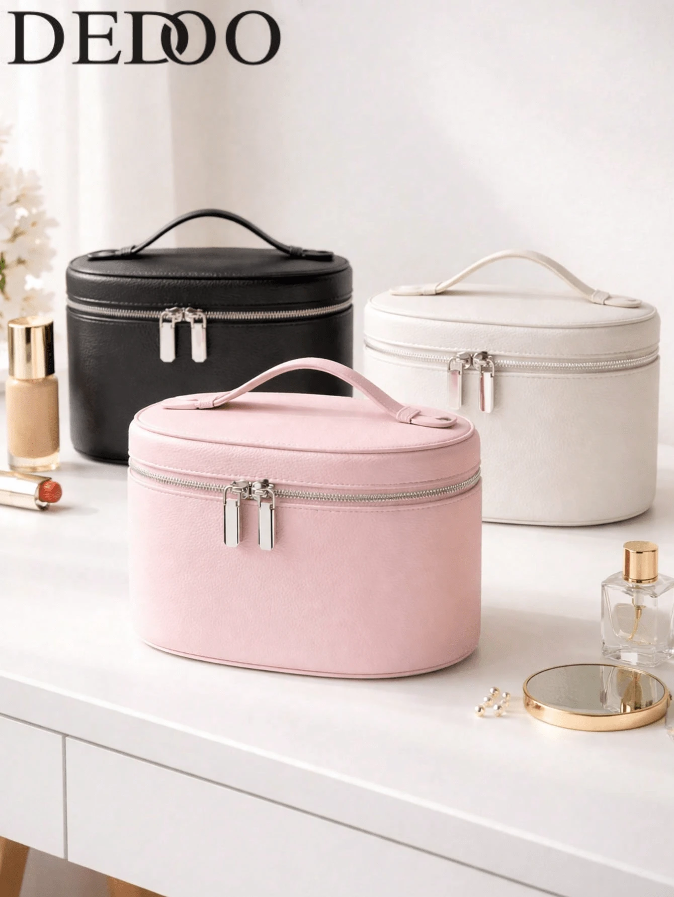 Dedoo Travel Makeup Bag PU Cosmetic Storage Bag With Handle, Large Capacity Toiletry Organizer, Suitable For Toiletries, Skincare Beauty Essentials, Travel Necessities - Multicolor - View 1