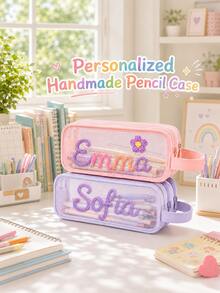 Personalized Double Layer Pencil Case, Hand Embroidered Name Mesh Pencil Pouch, Large Capacity Stationery Organizer, Back To School Gift - Multicolor - View 2