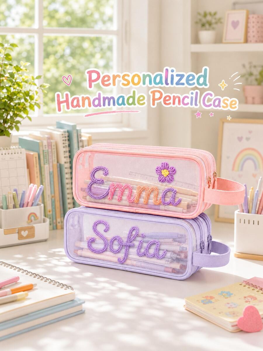 Personalized Double Layer Pencil Case, Hand Embroidered Name Mesh Pencil Pouch, Large Capacity Stationery Organizer, Back To School Gift - Multicolor - View 1
