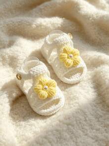 1 Pair Infant Girl Sandals, White Crochet Knit With Flower Pearl Embellishment, Soft Sole Infant Shoes - Yellow - View 4