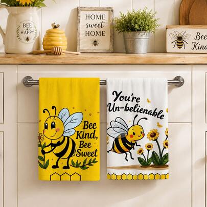 2pcs Cute Bee & Sunflower Print Kitchen Towels, Honeycomb Pattern Hand Towels & Dish Cloths, Suitable For Kitchen Cleaning, Kitchen Decor And Bee Lovers Gift, 4/6/8pcs Combo