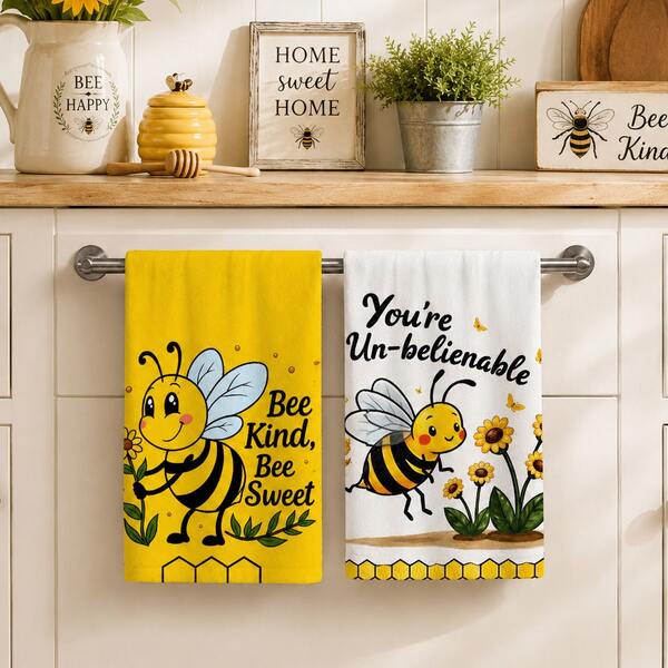 2pcs Cute Bee & Sunflower Print Kitchen Towels, Honeycomb Pattern Hand Towels & Dish Cloths, Suitable For Kitchen Cleaning, Kitchen Decor And Bee Lovers Gift, 4/6/8pcs Combo