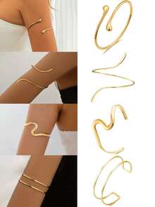 4pcs Minimalist Metal Geometric Line, Water Drop Shape Adjustable Arm Cuff Bracelet Set, Suitable For Daily Wear, Street Style And Beach Vacation - Golden - View 10