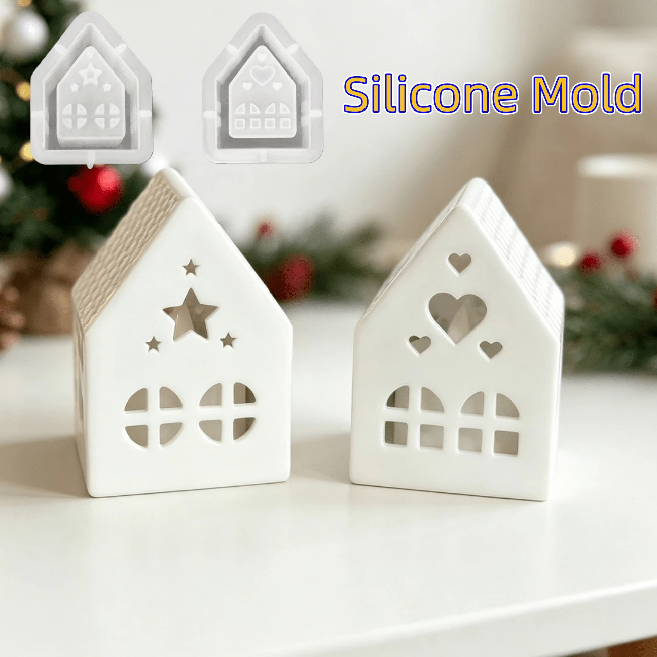 SILIKE LUFEI 1PC/2PCS Cetakan Resin DIY Bentuk Hati, Bintang, Rumah, Tempat Lilin, Alas Lilin, Cetakan Silikon, Cetakan Plaster untuk Ornamen Lilin - Cetakan rumah - View 1