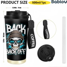 1/5pcs 18oz Stainless Steel Coffee Tumbler, Street Graffiti Skull BACK OFF Cool Punk Print Travel Mug, Multi-Function Flip Straw Lid, Black COFFEE Lanyard Strap, Ideal Gift For Street Art Punk Tattoo Fans, Suitable For Bar Skate Park Party Daily - Skeleton - View 9