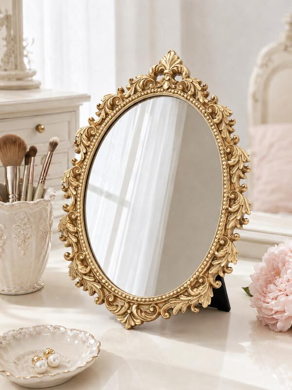 1pc Vintage Gold Baroque Carved Oval Vanity Mirror, Wall-Mounted/Desktop Dual-Use With Stand Makeup Mirror, Suitable For Bedroom Vanity, Bathroom, Dorm And Home Wall Decor