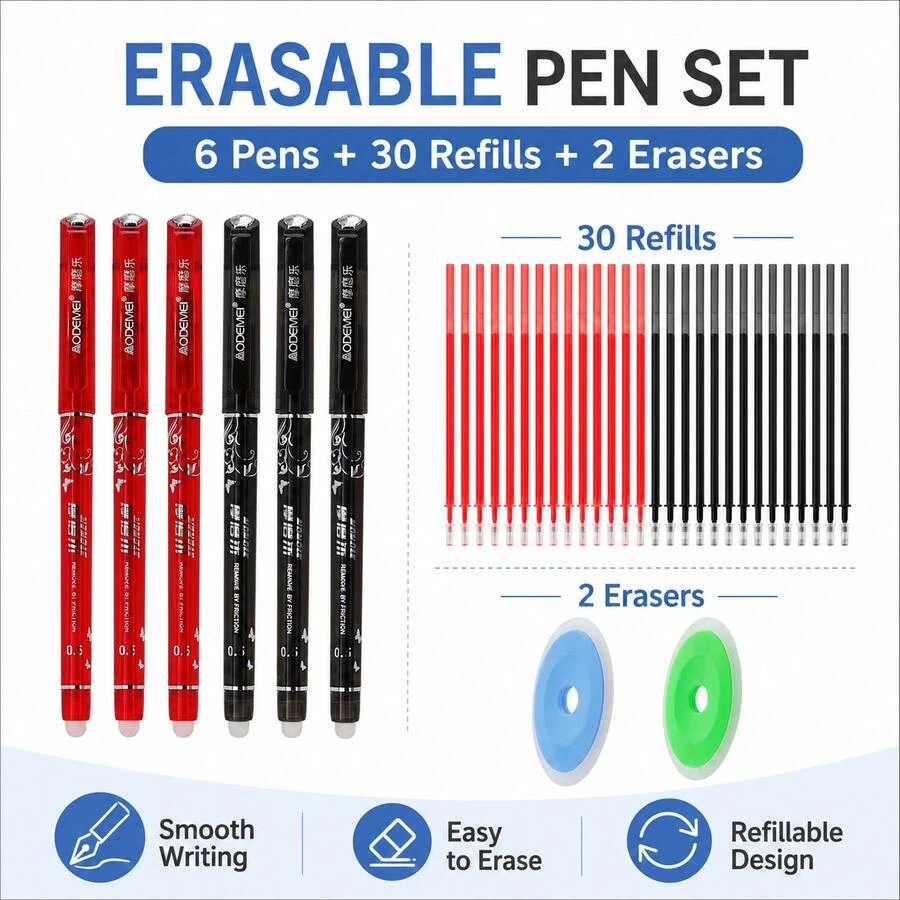 Erasable Gel Pen Set, 6 Pens With 30 Red And Black Ink Refills And 2 Erasers, Smooth Writing Refillable Friction Pens For Students, School, Office, Homework, Notes, Journaling And Daily Writing