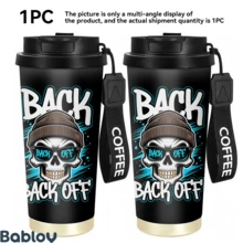 1/5pcs 18oz Stainless Steel Coffee Tumbler, Street Graffiti Skull BACK OFF Cool Punk Print Travel Mug, Multi-Function Flip Straw Lid, Black COFFEE Lanyard Strap, Ideal Gift For Street Art Punk Tattoo Fans, Suitable For Bar Skate Park Party Daily - Skeleton - View 2