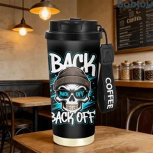 1/5pcs 18oz Stainless Steel Coffee Tumbler, Street Graffiti Skull BACK OFF Cool Punk Print Travel Mug, Multi-Function Flip Straw Lid, Black COFFEE Lanyard Strap, Ideal Gift For Street Art Punk Tattoo Fans, Suitable For Bar Skate Park Party Daily - Skeleton - View 8