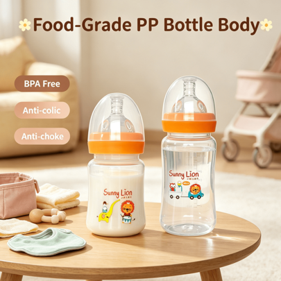 1pc PP Material Baby Milk Bottle, Heat-Resistant Up To 120°C, High-Temperature Steam Sterilizable, Soft Silicone Anti-Colic Nipple, Soft And Bite-Resistant, 160ml/260ml, Suitable For Babies 6 Months And Above