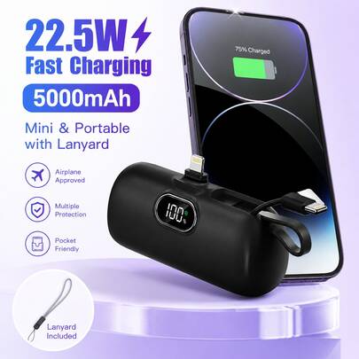 Black 5000mAh Mini Power Bank With Lightning Plug, Built-In USB-C Cable And 22.5W Fast Charging, Featuring An LED Power Screen, Smooth Capsule Shape And Attached Lanyard For Grab-And-Go Use, Compatible With Popular Lightning-Port  Models And Supported USB-C Accessories, A Lightweight Travel Essentials Option For Carry-Ons, Purses, Sightseeing, Vacations And Summer Plans