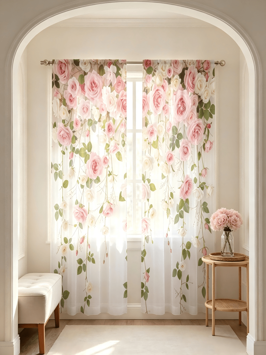 2 st tunna rosgardiner med hängande rosvinrankor, rosa och krämvit blommigt mönster, eleganta och mjuka, med gardinstångsficka, lämpliga för vardagsrum, matsal, sovrum, arbetsrum, balkong, heminredning