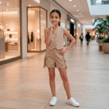 Conjunto Alfaiataria Infantil Menina Shorts e Colete Moda Infantil Dia das Crianças com Embalagem para Presente - Bege - Visão 7