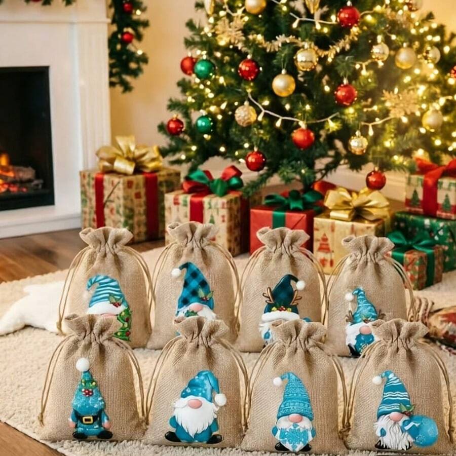 1/12/24pcs Christmas Burlap Drawstring Gift Bags, Christmas Gnome Linen Packaging Bags With 12 Random Cartoon Pattern Designs, Reusable Christmas Linen Bags, Small Christmas Gift Bags For Holiday Party Supplies - Multicolor - View 1